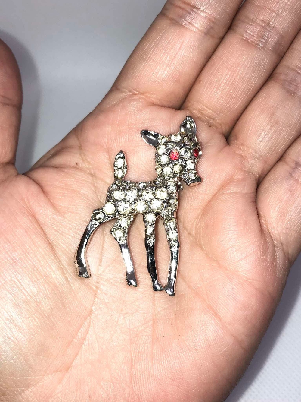 Vintage Deer Rhinestone Brooch with Red Eyes